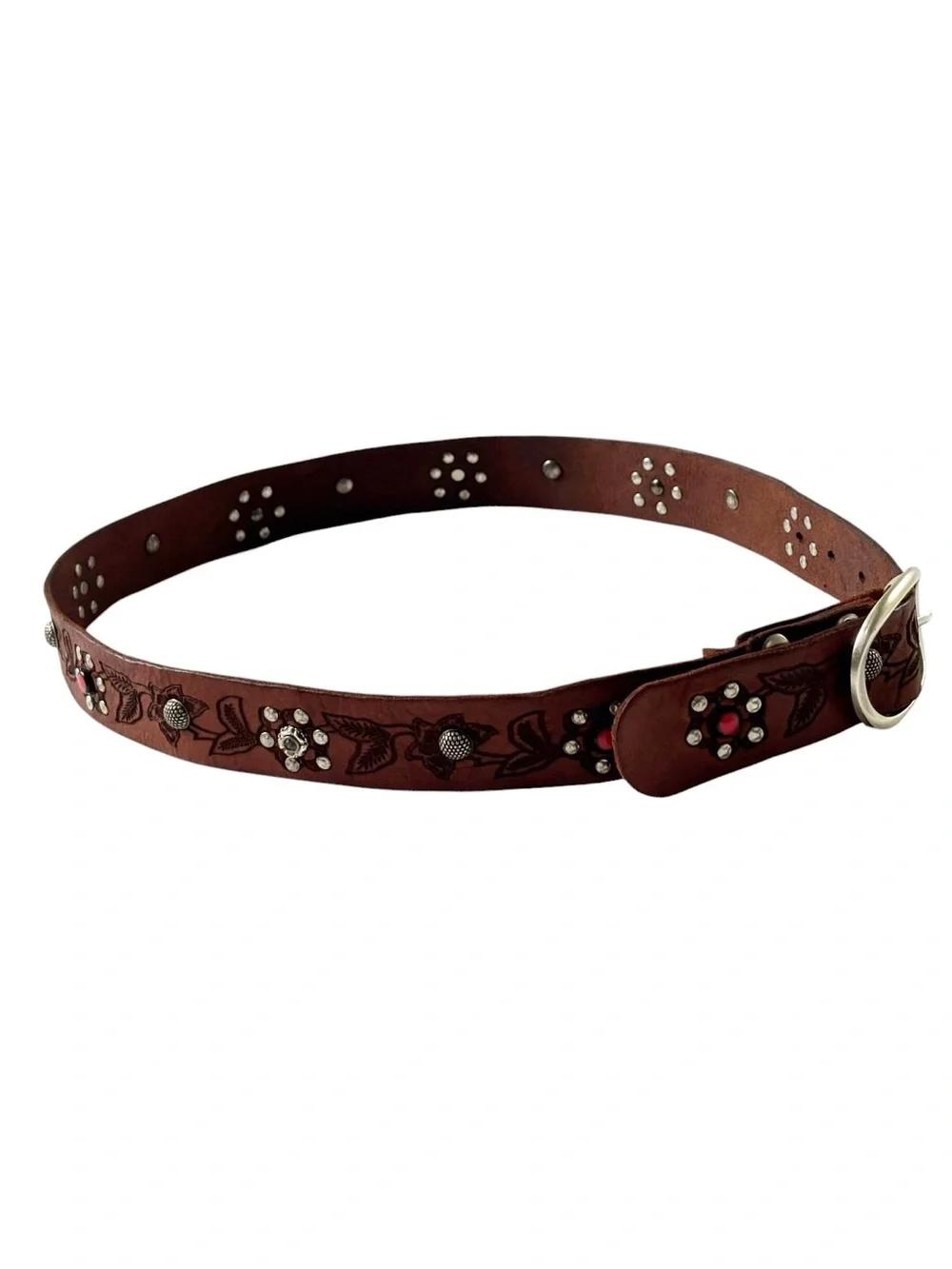 Campomaggi Iperico Cognac-coloured leather belt w/ metallic studs floral motif